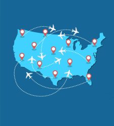 Planes routes flying over United States map, tourism and travel concept Illustrations